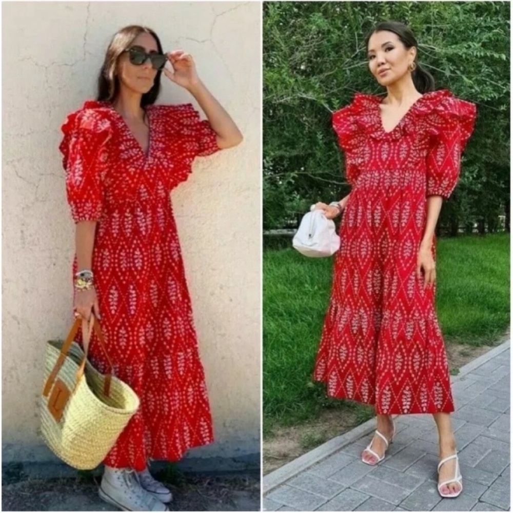 ZARA DRESS WITH CUTWORK EMBROIDERY PUFF SLEEVES MIDI RED - Picture 7 of 15